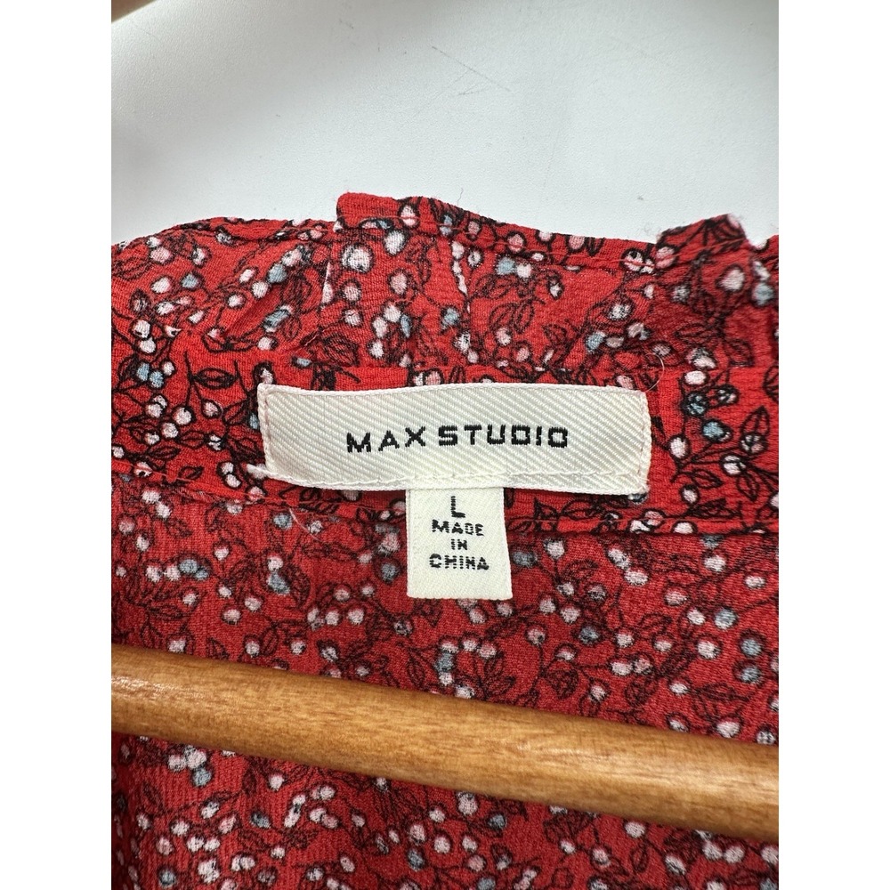Max Studio Red Floral Boho Maxi Dress L Smocked Waist Tiered Cottagecore WW11 - Picture 10 of 13